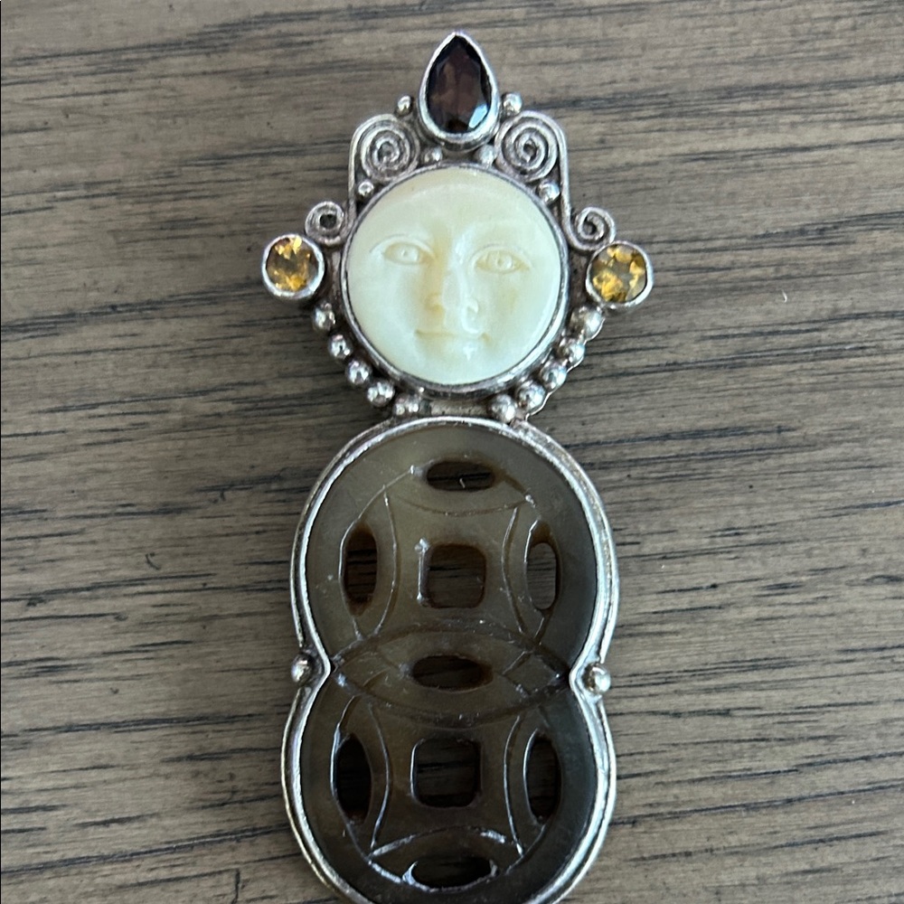 Hand-Carved Ivory-Tone Moonface Pendant Necklace, 925 Silver Accent